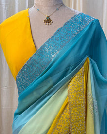 Blue yellow half and half georgette saree