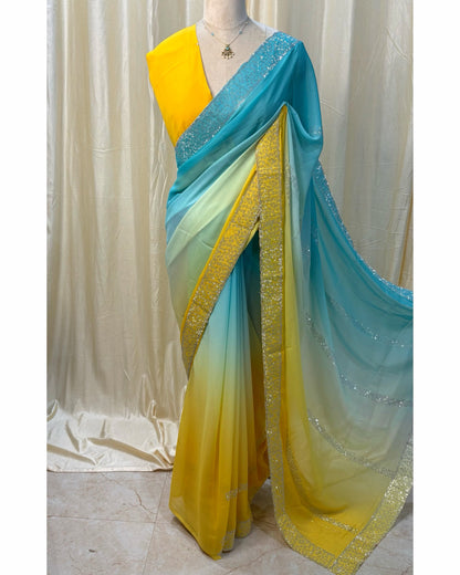 Blue yellow half and half georgette saree