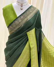 Bottle green chiffon saree with pista green border
