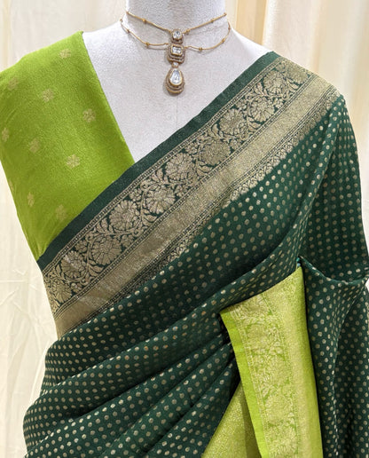 Bottle green chiffon saree with pista green border
