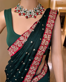 BOTTLE GREEN SATIN GEORGETTE SAREE WITH GOLDEN LACE