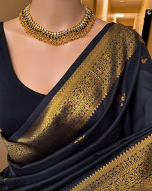 BLACK ART SILK SAREE WITH GOLDEN BORDER