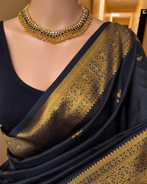 BLACK ART SILK SAREE WITH GOLDEN BORDER