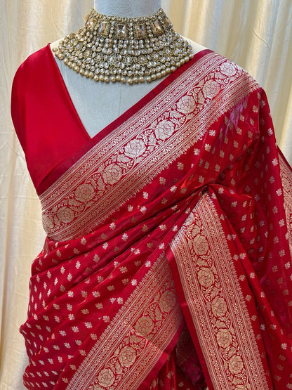 CHILLI RED BANARASI SILK SAREE.