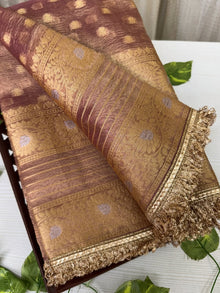 ROSE GOLD SOFT CRUSH TISSUE SAREE WITH ZHALA LACE
