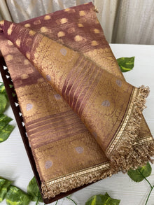 ROSE GOLD SOFT CRUSH TISSUE SAREE WITH ZHALA LACE