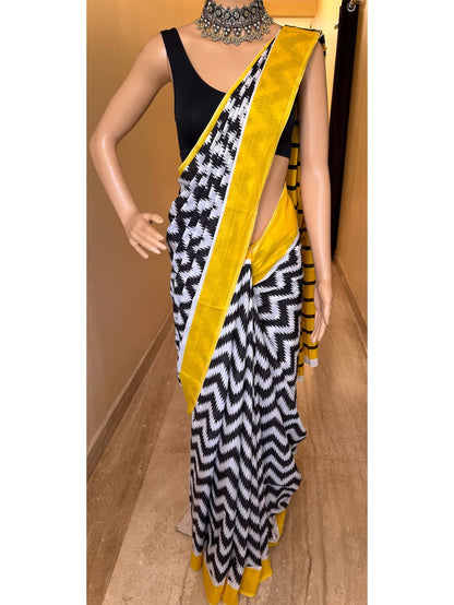 WHITE COTTON PRINTED SAREE WITH BLACK ZIGZAG