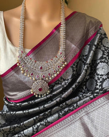 BLACK ART SILK SAREE WITH PINK BORDER