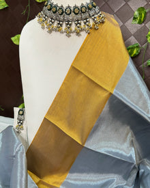 SILVER TISSUE SAREE WITH YELLOW BORDER