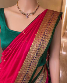 PINK SATIN SILK SAREE WITH GREEN BORDER
