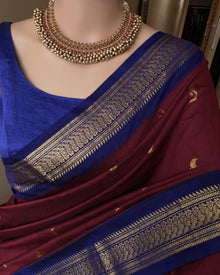 REDDISH MAROON COTTON SILK SAREE WITH BLUE BORDER