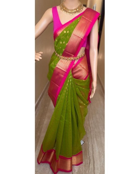 PARROT GREEN KORA COTTON SAREE WITH PINK BORDER