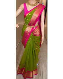 PARROT GREEN KORA COTTON SAREE WITH PINK BORDER
