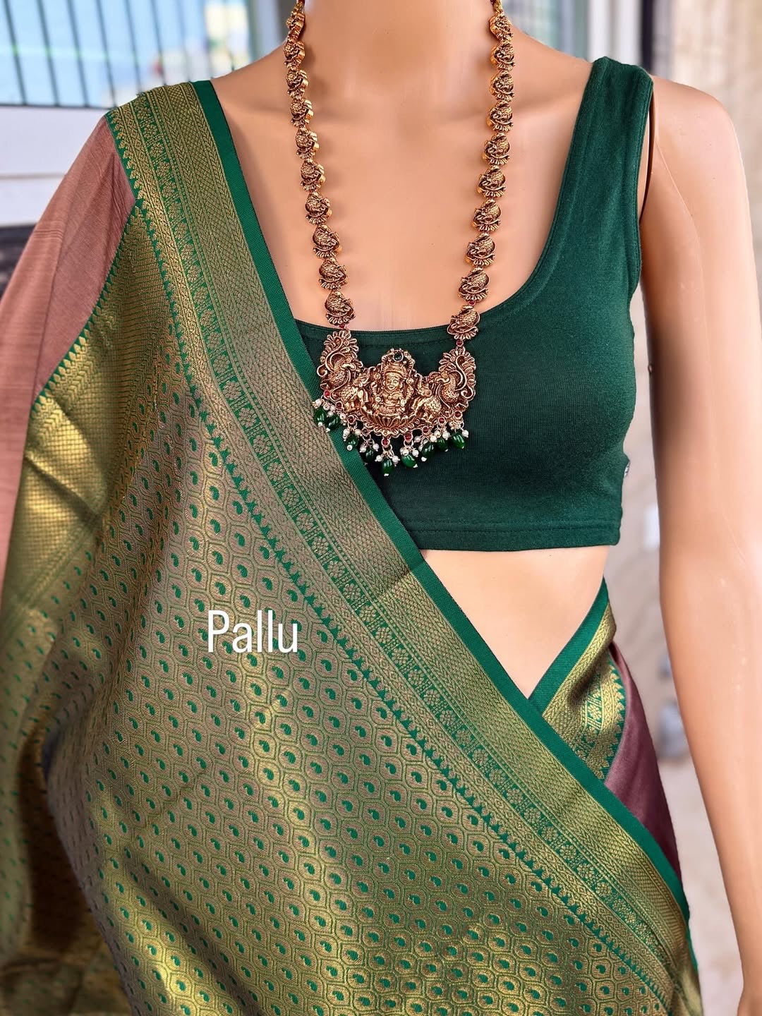 SAND BROWN ART SILK COMES WITH BOTTLE GREEN GOLDEN ZARI WEAVE BORDER