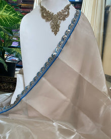 OFF WHITE ORGANZA SAREE WITH SKY BLUE LACE