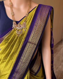 PEAR GREEN CHECKS KATTAM VIOLET BORDER COTTON SILK SAREE