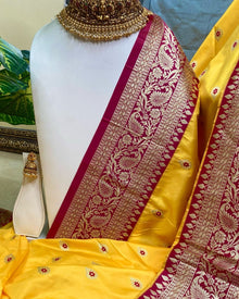YELLOW ART SILK SAREE WITH PINK BORDER