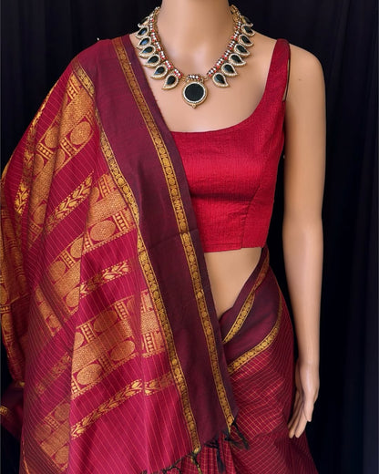 REDDISH MARRON KATTAM COTTON SAREE RUDRAKSHA BORDER