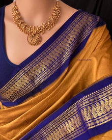 GOLDEN YELLOW  COTON SILK SAREE WITH BLUE BORDER