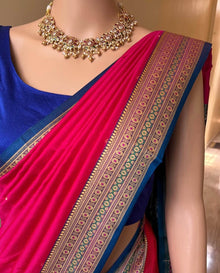 RANI PINK SATIN SILK SAREE WITH BLUE BORDER