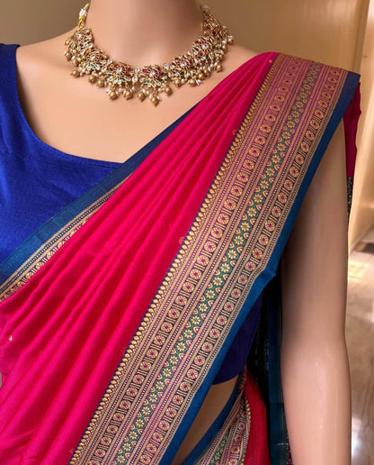 RANI PINK SATIN SILK SAREE WITH BLUE BORDER
