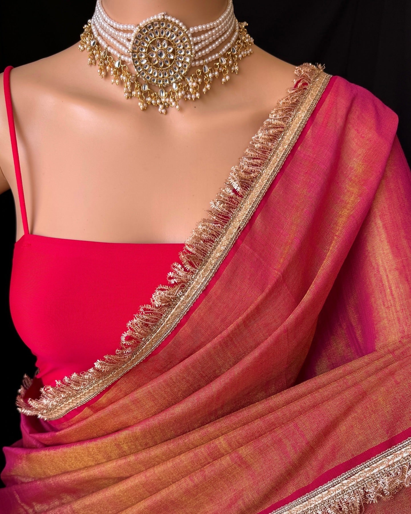 PINK GOLD TISSUE SAREE WITH LACE
