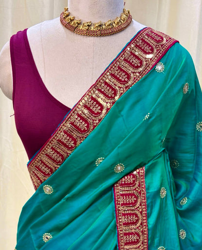 Peacock Green Malai Silk With Sequence Lace