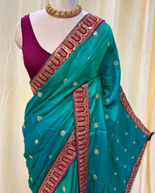 Peacock Green Malai Silk With Sequence Lace