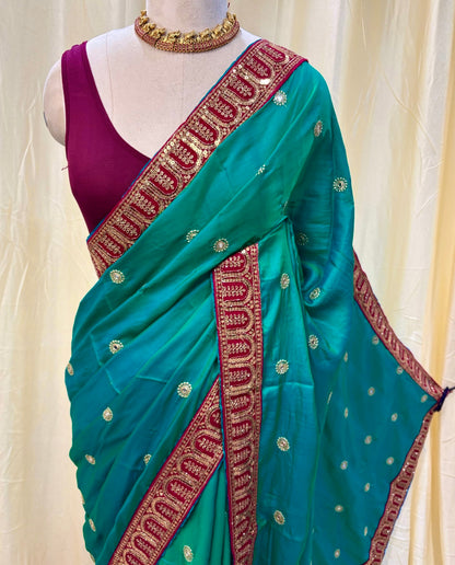 Peacock Green Malai Silk With Sequence Lace
