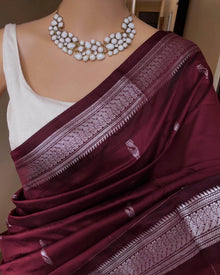 MAROON SILK COTTON SAREE WITH SILVER BORDER