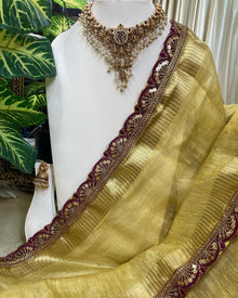 GOLDEN LINEN TISSUE SAREE WITH MAGENTA BORDER