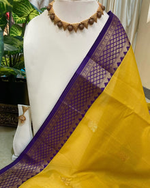 GOLDEN YELLOW KORA COTTON SAREE WITH VIOLET BORDER