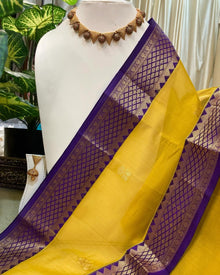 GOLDEN YELLOW KORA COTTON SAREE WITH VIOLET BORDER