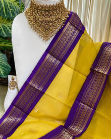 GOLDEN YELLOW KORA COTTON SAREE WITH VIOLET BORDER