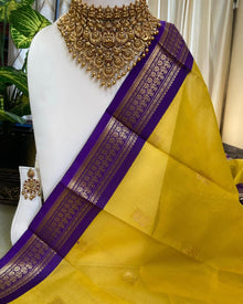GOLDEN YELLOW KORA COTTON SAREE WITH VIOLET BORDER
