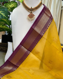 GOLDEN YELLOW KORA COTTON SAREE WITH MAGENTA BORDER