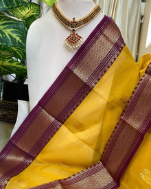GOLDEN YELLOW KORA COTTON SAREE WITH MAGENTA BORDER