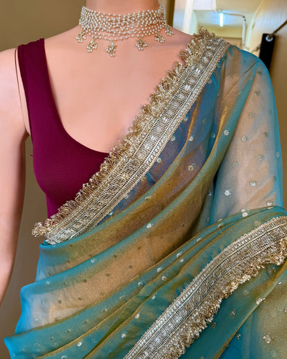 Seaweed Green tissue chiffon saree