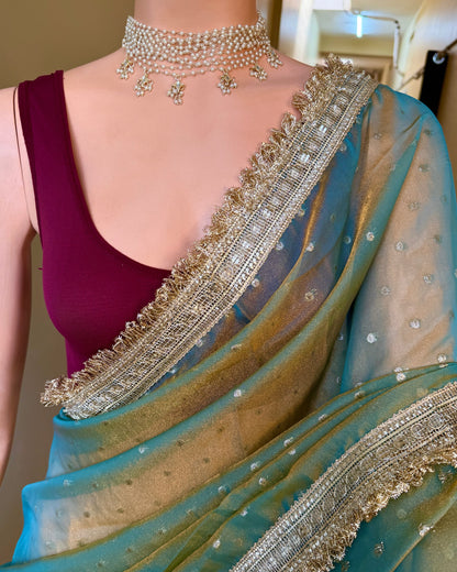 Seaweed Green tissue chiffon saree