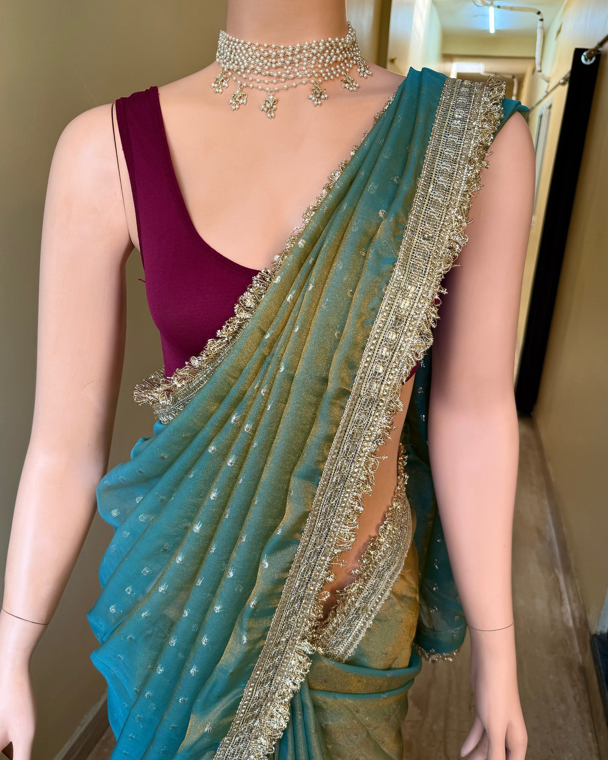 Seaweed Green tissue chiffon saree