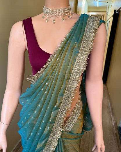 Seaweed Green tissue chiffon saree