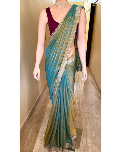 Seaweed Green tissue chiffon saree