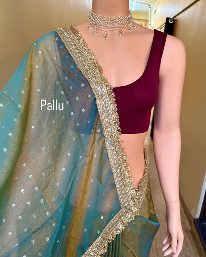 Seaweed Green tissue chiffon saree