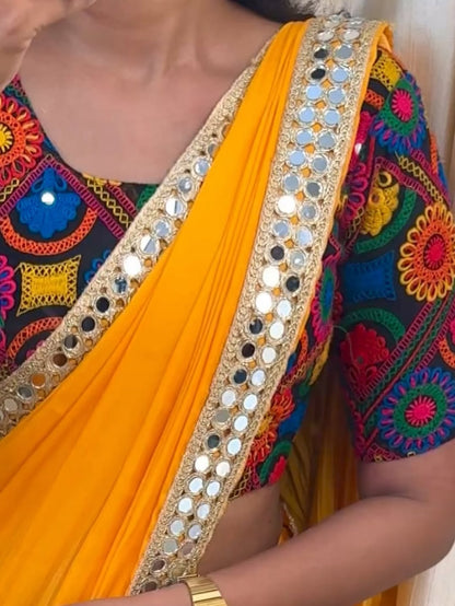 Mango malai silk with mirror lace.