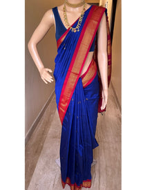 PEPSI BLUE FULL BUTTA COTTON SILK SAREE WITH RED BORDER