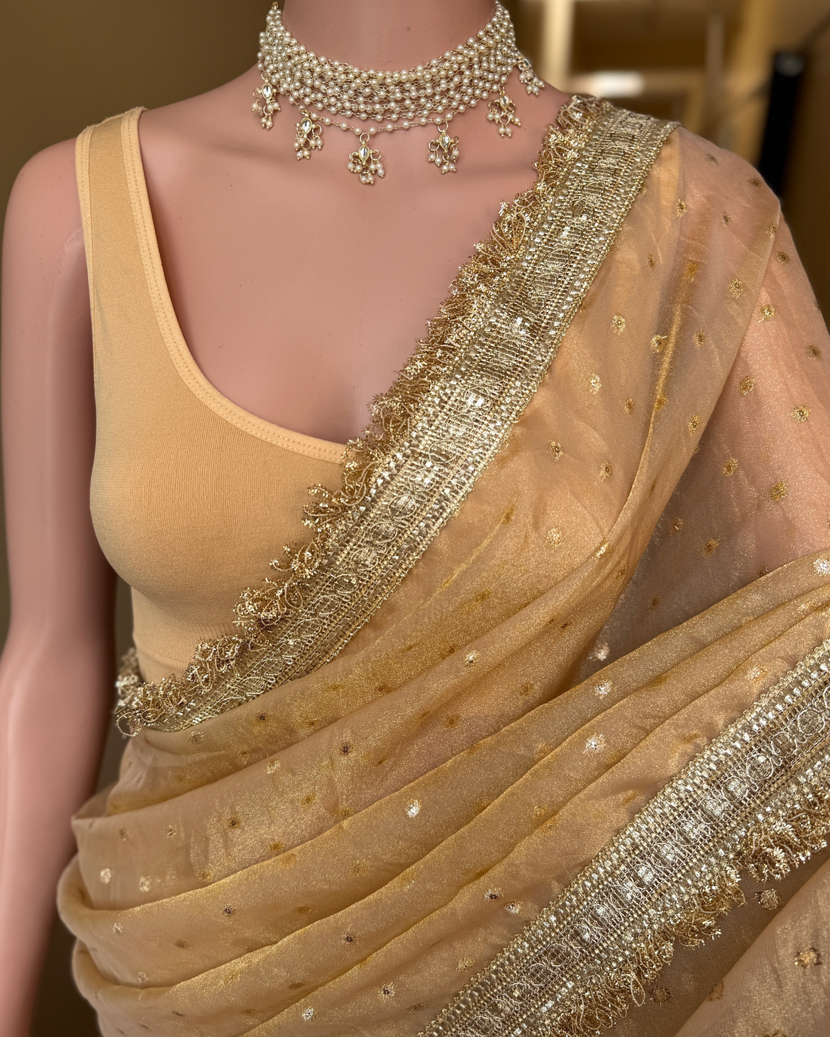 Chickoo gold chiffon saree