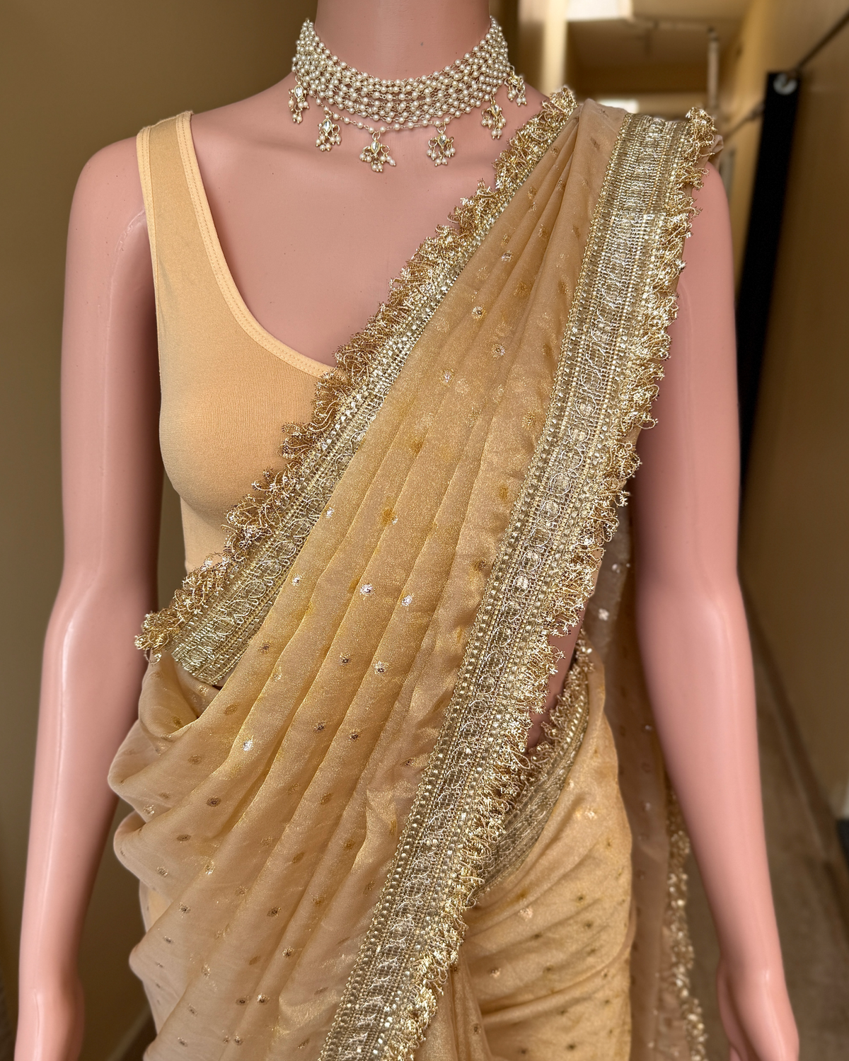 Chickoo gold chiffon saree
