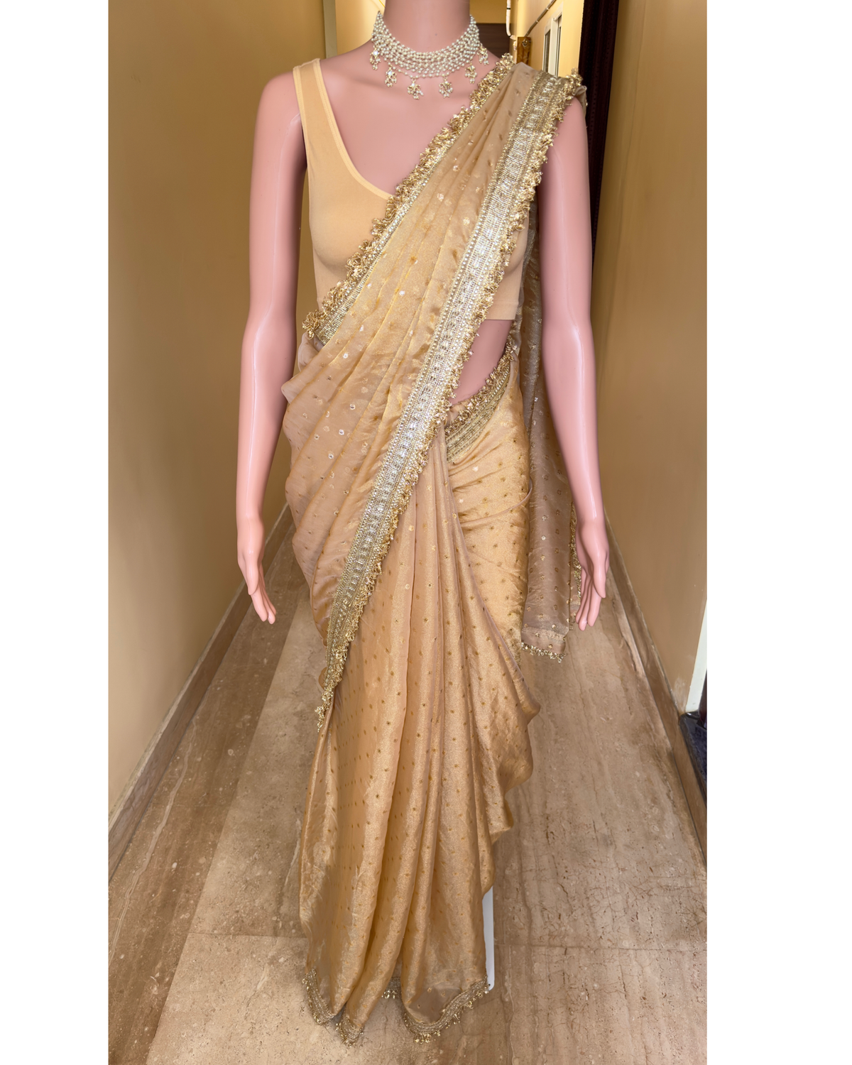 Chickoo gold chiffon saree