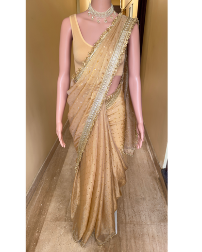 Chickoo gold chiffon saree