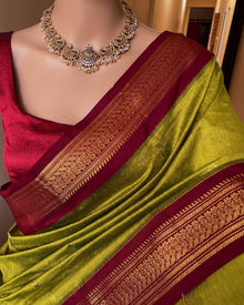 PEAR GREEN COTTON SILK SAREE WITH RED BORDER